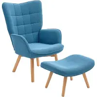 Merax Oorfauteuil Met Voetenbank - Hoge Rugleuning - Cordlook - Blauw - Houten Poten - 72 X 80 X 101 Cm - Belastbaar Tot 150 Kg