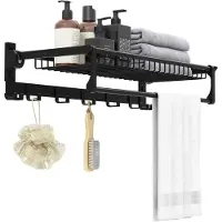KOMFOTTEU Handdoekhouder zonder boren, wandmontage, handdoekhouder met 9 handdoekhaken en plank, zelfklevende handdoekstang 59,5 x 26 x 14 cm