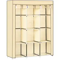 Merax Stoffen Kledingkast met 2 Kledingroedes en 8 Legplanken - Opvouwbare Garderobekast met Rits en Klittenband - Stalen Frame - Beige - 125x43x162,5 cm