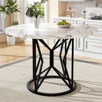 MODFU Ronde eettafel 100×100×76cm – MDF marmerlook, zwarte metalen poten, verstelbare voeten