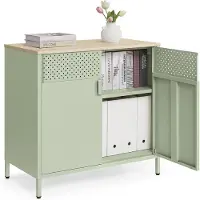 Songmics Metalen opbergkast met dubbele deur en verstelbare plank, Lauriergroen + Natuurlijke Eik / 40 x 80 x 76 cm