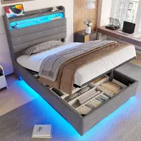 OKWISH Gestoffeerd Bed 90x200cm – Met Ledverlichting – Hydraulische Opbergruimte – Met Usb En Type C – Zonder Matras – Linnen Grijs
