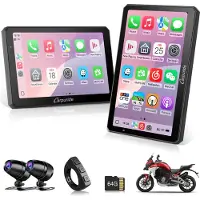 Carpuride W712D - CarPlay-scherm - motorfietsen - 1080P HD dubbele dashcam - 7 inch - waterdicht - draaibaar - touchscreen - draadloze CarPlay en Android Auto - bedrade controller - navigatie.