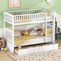MODFU Ledikant – Stapelbed 90x200 cm – Ombouwbaar tot twee losse bedden – Met lades – Massief grenen – Wit