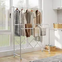 MODFU Kledingrek 50x6x150 cm van roestvrij staal, inklapbaar en verrijdbaar met 3 verstelbare stangen