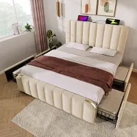STILVORA Ledikant 160x200 cm – linnen beige – met USB/Type-C, 4 lades en gouden sierstrepen – elegant design