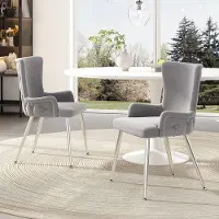 MODFU Eetkamerstoel set van 2, gestoffeerd met fluweel, metalen poten in zilver, modern en luxe ontwerp, grijs