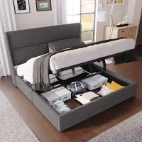 OKWISH Bedframe 160x200 cm – grijs linnen – met verstelbare hoofdsteunen en hydraulische opbergruimte