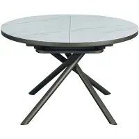 Vente-unique Uitschuifbare eettafel voor 4 tot 6 personen van keramiek, MDF en metaal - Wit marmereffect en brons - FEROLA