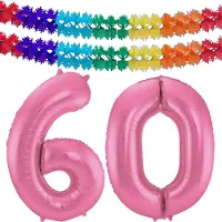 Folat Verjaardag Leeftijd folieballon - 60 jaar - roze - 86 cm - cijferballon groot - incl 2x feestslingers