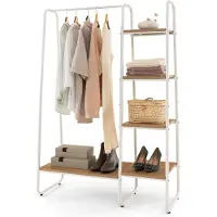 Costway Kledingrek van metaal, vrijstaande garderobe met 4 planken, open kledingrek voor het ophangen van kleding en voor het opbergen van slaapkamer, woonkamer, entree