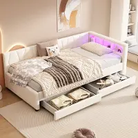 MODFU Ledikant 90x200 cm – linnen beige – met LED, USB-C, 2 lades en opbergvakken – slim design