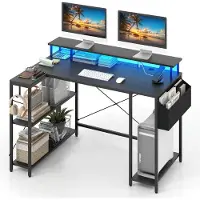 Costway L-vormig bureau met stopcontacten en ledverlichting, 120 cm hoekbureau met monitorstandaard, planken en opbergtas, hoektafel, gaming computertafel (zwart)