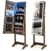 Costway Sieradenkast met spiegel, spiegelkast met 3-kleurige ledverlichting, afsluitbaar, vrijstaand, kantelbaar, sieradenrek met laden, 41 x 38,5 x 151 cm