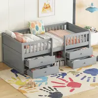 MODFU Ledikant 90x200 cm van grenenhout en MDF – grijs – halfhoog met 4 laden en veiligheidshek – kinderkamer