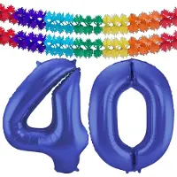 Folat Verjaardag Leeftijd folieballon - 40 jaar - blauw - 86 cm - cijferballon groot - incl 2x feestslingers