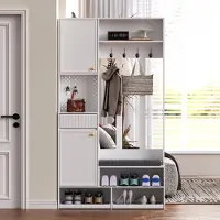 MODFU Luxe Garderobekast 3-in-1 (100 cm) - Halmeubel met Kapstok, Zitbank & Latten-look Lade - Wit - 180 cm Hoog