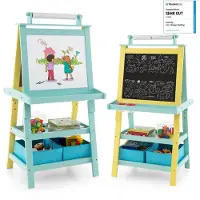 Costway 3-in-1 kinderschildersezel, kinderbord, dubbelzijdig, whiteboard & krijtbord & tekenpapier, standbord incl. magneten, 2 planken houten bord met 2 opbergdozen (blauw + geel)