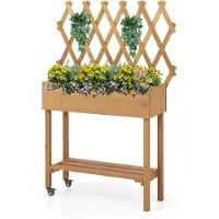 KOMFOTTEU Verhoogd bloembed met rankrooster, plantenbak met plank, bloembak met wieltjes, plantenbak met voering en afvoergaten, plantenbak voor bloemen, groenten, kruiden, 90 x 29 x 129 cm