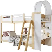 Merax Stapelbed voor Kinderen 90x200 cm - Met 3-Laags Opbergrek - Veilige Uitvalbeveiliging - 3-Trede Trap - Houten Lattenbodem - Grenenhout + MDF + Multiplex - Wit - Blank Houtkleur - Zonder Matras