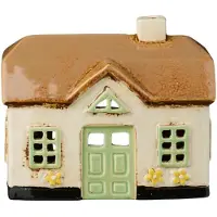 Ib Laursen - Keramieken Huisje Ebeltoft - Beige met groene ramen - Waxinelichthouder