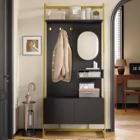 MODFU Kapstok 78x38.5x180.5 cm van metaal en MDF, met spiegel en schoenenopslag, zwart
