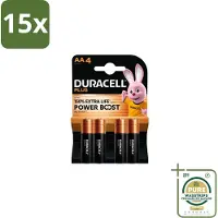 Duracell 15 x Alkaline Batterijen Mainline Bst AA 4 stuks per verpakking - Grootverpakking - AA Batterijen - Alkaline Batterijen - Betrouwbare Batterijen - Langdurige Batterijen - Dagelijks Gebruik