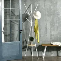 MODFU Kapstok 45x45x180 cm van metaal en MDF, vrijstaand met 8 haken en 3 kledingstangen, wit
