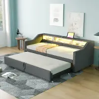 MODFU Bedframe 90/180x200 cm – gestoffeerd linnen donkergrijs – uitschuifbaar met opbergvakken, LED en USB – multifunctioneel