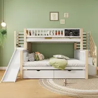 MODFU Huis-etagenbed – Met glijbaan, trap met opbergruimte & krijtbord – Grenen – Wit/Naturel – 140/90x200