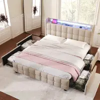 OKWISH Gestoffeerd Bed 140x200cm - USB & Stopcontacten In Hoofdeinde - LED Sfeerverlichting - Met 4 Lades - Hout Linnen Bekleding - Beige - Zonder matras