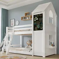 STILVORA Stapelbed 90x200cm – Kinderstapelbed Met Kleine Deur & Tafel – Vensters En Dak – 3-Traps Schuine Ladder – Hout – Wit – Zonder matras
