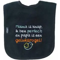 Funnies Zwarte slab met "Mama is knap, ik ben perfect en papa is een geluksvogel!"