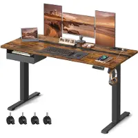 Vasagle In hoogte verstelbaar elektrisch bureau met stopcontact en lade, Vintage bruin + inktzwart / 70 x 160 x (72-120) cm