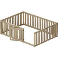 OKWISH Kinderbed, laag bed 140x200 cm met spijlen en deur, massief houten bed voor jongeren met valbeveiliging, zonder lattenbodem (zonder matras) - natuurlijke uitvoering