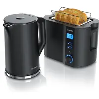 Arendo ontbijtset, waterkoker ELEGANT 1,5 liter, 2000 watt, met temperatuurregeling en 2-sleuf toaster MANHA COMPACT 800 watt, roestvrij staal, LCD-display, broodjesrek, zwart