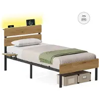Vasagle Eenpersoons Bedframe met Verlichting en Handige Opbergruimte, 90 x 200 cm