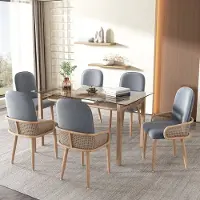 MODFU Eetkamerstoel set van 6, gestoffeerd fluweel, PE-rotan design, moderne look, metalen poten met houtnerf, grijs