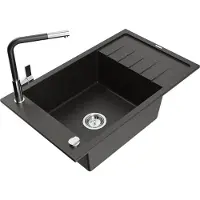 Mexen Elias granieten gootsteen 1-komorige met afdruiprek en keukenmengkraan Flora, zwart/goud metallic - 6511-75-670401-07