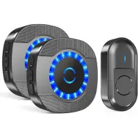 Aura Draadloze deurbel set met 2 plug-in-ontvangers - 300 m bereik - buiten waterdicht - huisdeur - led-knipperlichten - 5 volumeniveaus - 55 beltonen Deurbel - Zwart - 8cm x 8cm x 7cm