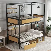 OKWISH Stapelbed 90x200cm – Met Veiligheidshek En Stevige Trap – Met Planken En Lades Onder Bed – Metaal En MDF – Zonder Matras – Zwart