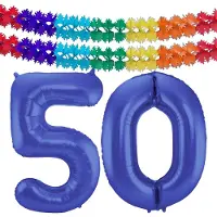 Folat Verjaardag Leeftijd folieballon - 50 jaar - blauw - 86 cm - cijferballon groot - incl 2x feestslingers