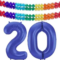 Folat Verjaardag Leeftijd folieballon - 20 jaar - blauw - 86 cm - cijferballon groot - incl 2x feestslingers