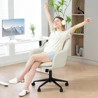 OKWISH Bureaustoel 60 X 63 X 84 94 Cm - 360 Graden Draaibaar, In Hoogte Verstelbaar En Schommelfunctie - Voor Thuiswerk En Kaptafel - Polyester - Beige