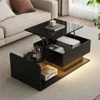 OKWISH Salontafel - In Hoogglans - In Hoogte Verstelbaar - Met Ledlicht - Met Gehard Glazen Blad - Spaanplaat Zwart - 100x50x33-47,5