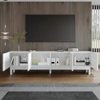 OKWISH TV-Meubel – Elegante – 4 Deuren, 2 Met Legplanken – Greeploos Ontwerp – Moderne Opbergruimte Met Massief Poten – MDF;Spaanplaat Wit – 169x34x45,5 cm