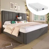 OKWISH Gestoffeerd Bed 140x200cm - Verborgen Bekerhouder & Geïntegreerd Oplaadstation (USB-C) - Hydraulisch met Onderbedopslag - Linnen - met matras - Grijs