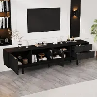 OKWISH TV meubel - Lowboard 200 cm met 2 deuren en 2 lades - Geschikt voor televisies tot 80 inch, veel opbergruimte - Spaanplaat + gehard glas - Zwart