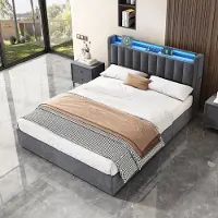 OKWISH Bed 140x200 - Tweepersoonsbed met LED Verlichting en Opbergruimte - Stoffen Bedframe - Donkergrijs