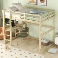 OKWISH Hoogslaper 140x200cm - Met Schrijftafel en 4 Opbergniveaus - Ruimtebesparend - Massief Vurenhout - Naturel - Zonder matras